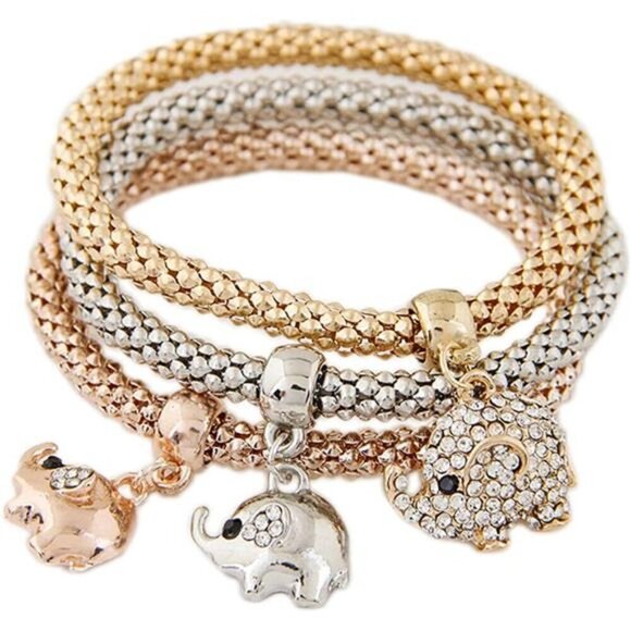 3 Pcs Elephants Crystal Rhinestone Bead Corn Chain Stretchy Bracelets - Picture 1 of 3